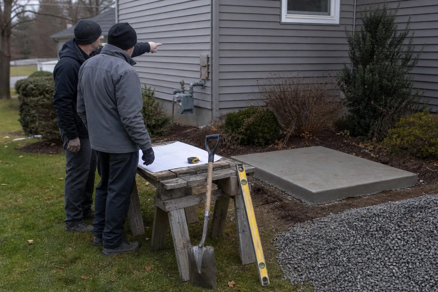 Illustrative generator-site assessment beside an American house with plans and prepared pad