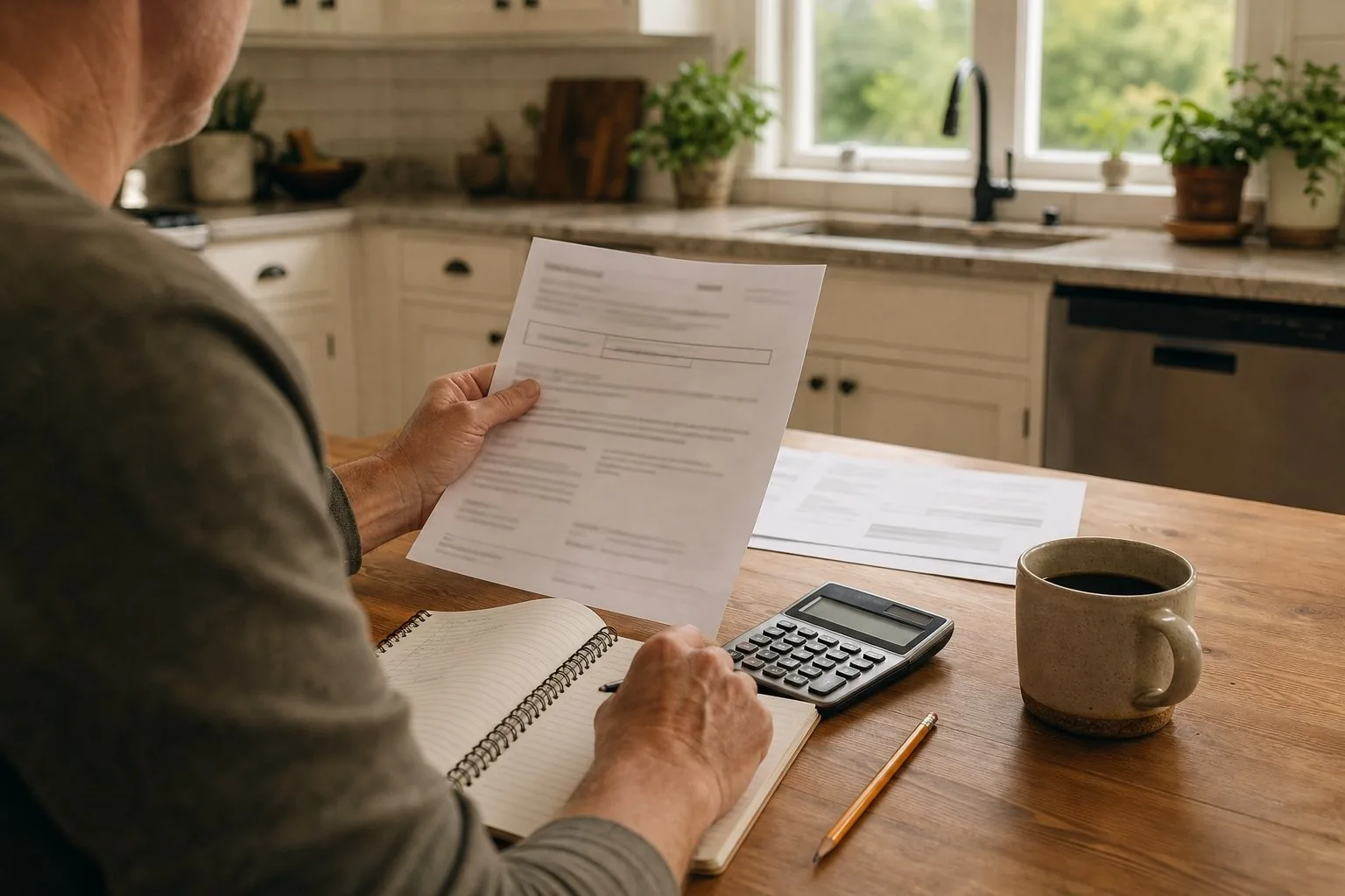 Homeowner at a table reviewing a written standby-generator quote and project notes