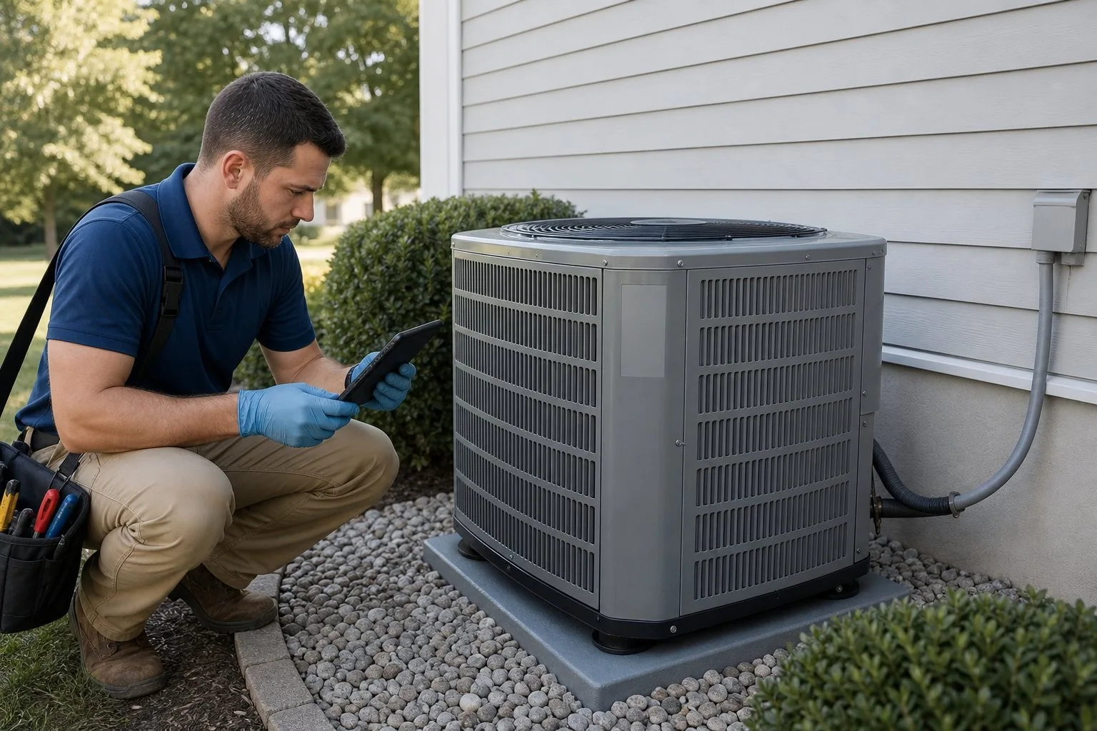 Technician reviewing information beside a residential air conditioning unit
