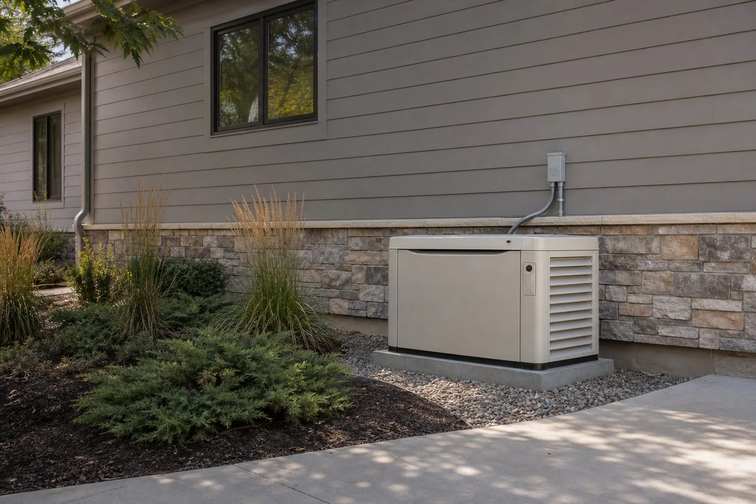 Landscaped area beside a house showing the setting for a residential standby generator